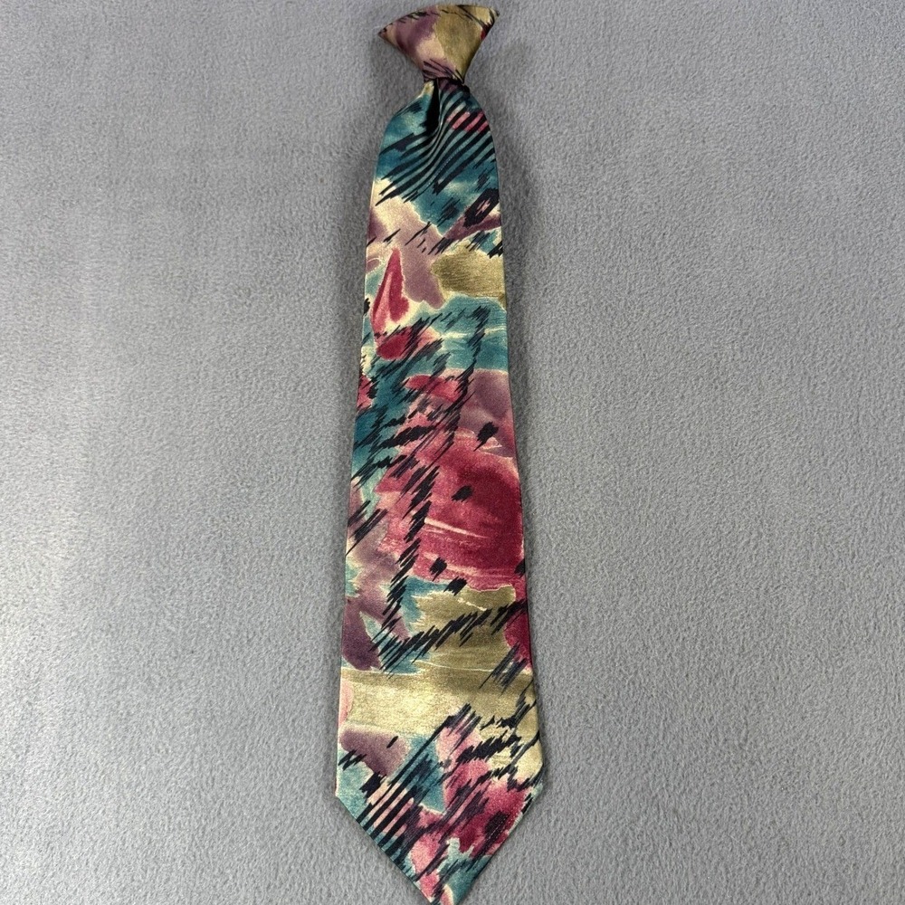 Ketch Vintage Clip-On Tie Abstract Painterly Burgundy Teal Geometric Retro 90s